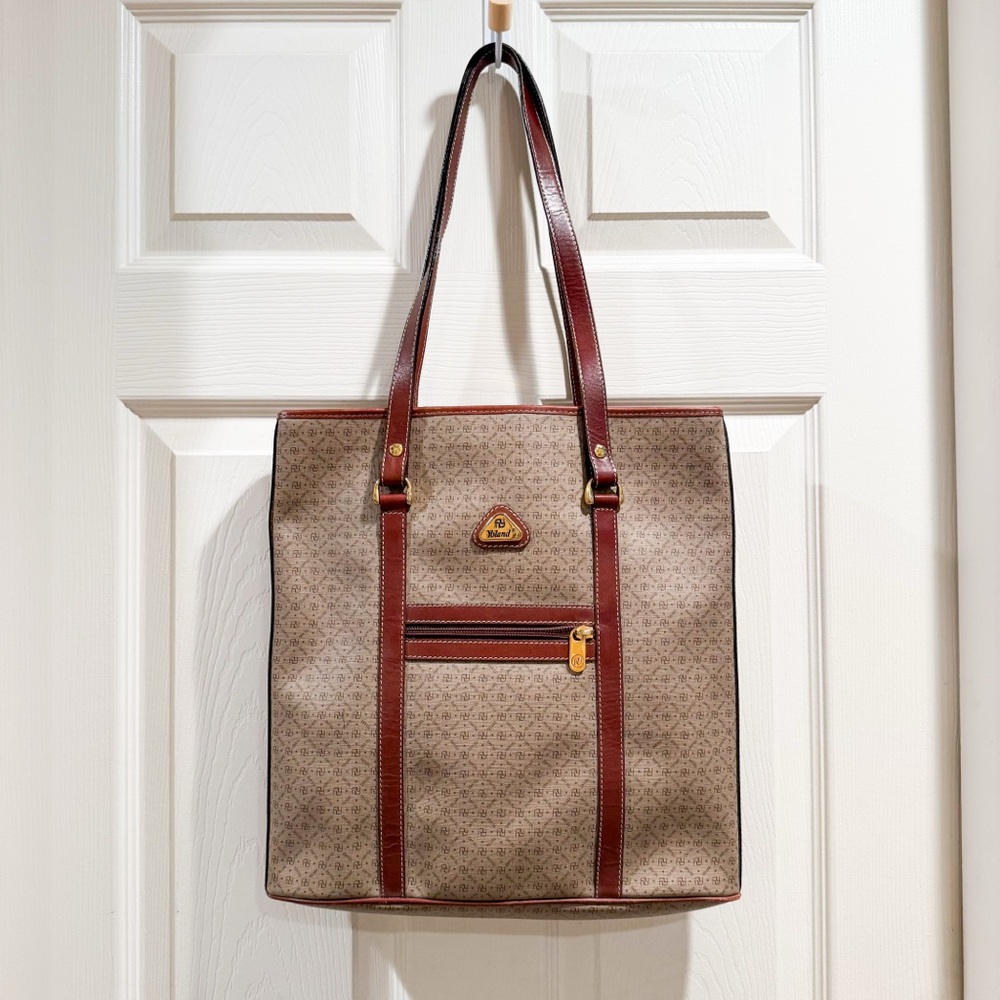 Yoland Monogram Coated Canvas Tote Brown Tan Leather Weekender Large